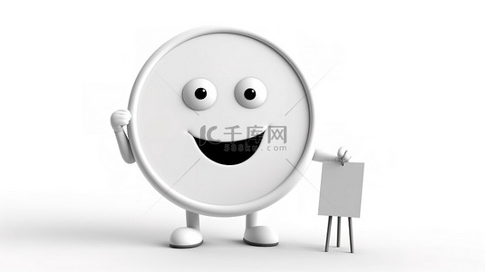 一个可爱的闹钟吉祥物的 3D 渲染，白色背景上有白色空白广告促销台