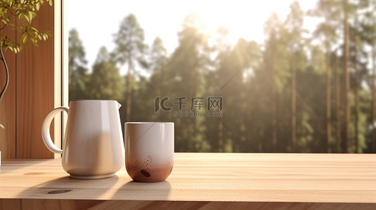 桌面上的咖啡杯和产品展示，背景 3D 渲染中风景优美的早晨阳光
