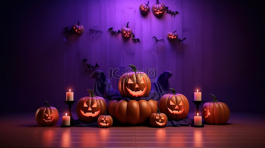 月亮之夜背景图片_幽灵般的十月庆典讲台展示和紫色背景 3D 渲染的杰克灯笼