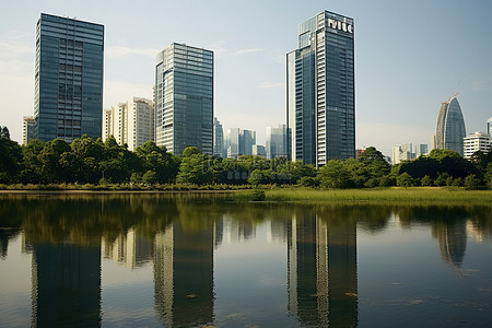 图片展示背景图片_这张图片展示了矗立在美丽湖边的高楼大厦