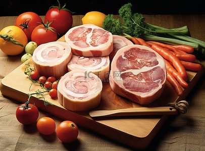 油炸猪肉丸子背景图片_木托盘上放着猪肉，旁边放着蔬菜和水果