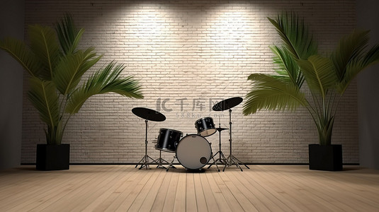 现代公园背景图片_公园和棕榈树在 3D 渲染的音乐会室内营造出郁郁葱葱的背景