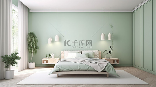 健康的生活方式卧室配有柔和的绿色和米色白色配色方案家具和植物 3D 渲染