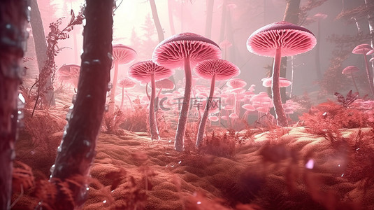 迷人的森林覆盖着蕨类酢浆草和蘑菇，红色伞菌被柔和的粉红色光芒 3D 艺术照亮
