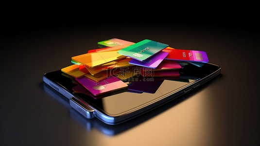 移动支付和购物 通过智能手机显示采购订单和卡交易的 3D 插图