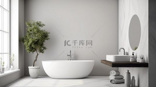 现代白色石质洗脸盆浴室梳妆台采用现代风格，以 3D 渲染呈现