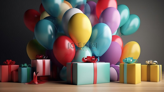 色彩鲜艳的气球和带蝴蝶结的礼品盒逼真的 3D 渲染