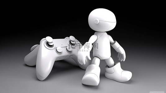游戏按钮背景图片_3d 白色角色用游戏手柄玩视频游戏