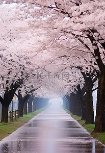安东河回村背景图片_道路两旁的樱花树，两旁有一些树