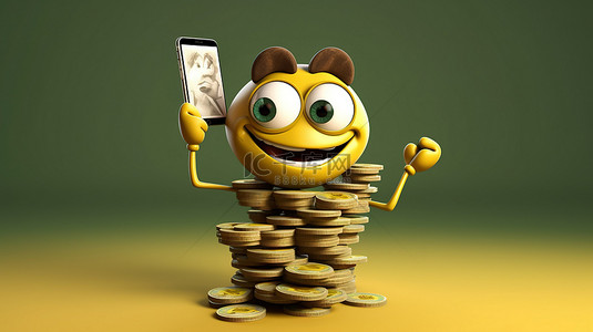 有钱人背景图片_一个移动应用程序的 3D 插图，其中有一个卡通人物和一堆钱