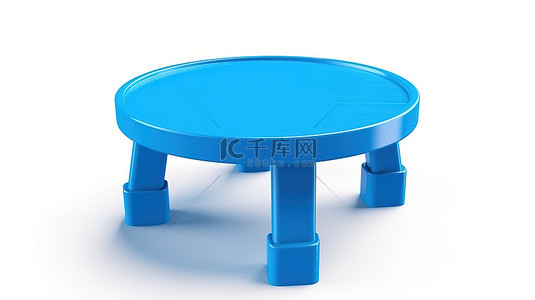 白色背景下当代圆形蓝色塑料桌的 3D 渲染