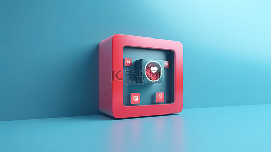 简约的 3D 视频播放器，具有红色按钮和白色窗口界面，非常适合在蓝色背景上观看社交媒体和在线频道
