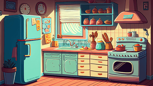 家电厨房背景图片_厨房可爱冰箱插画背景
