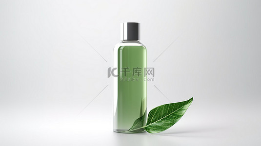 白色背景上饰有叶子的化妆品瓶模型的 3D 渲染