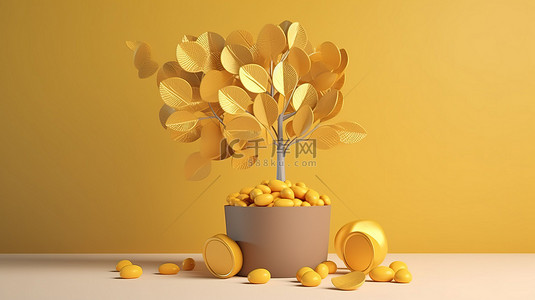 春天背景图片_盆栽黄树与金币 3d 渲染