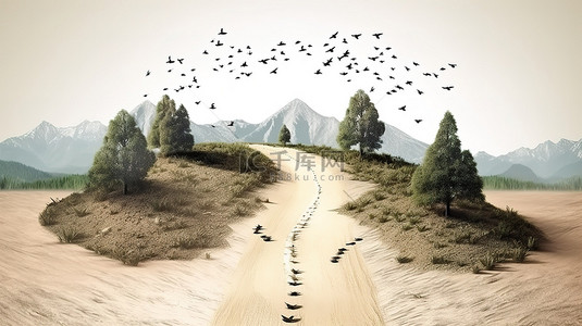 漂浮在山林和鸟类中的土路的独立创意设计 3D 插图