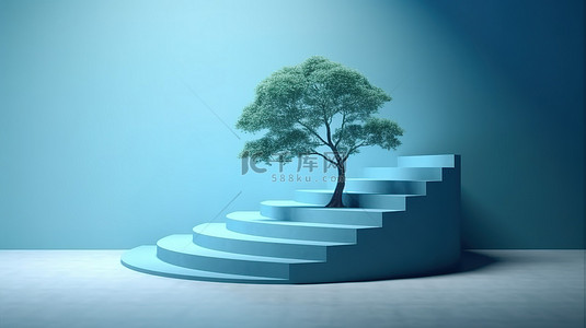 抽象 3D 渲染树影在闪闪发光的蓝色曲线步骤模型后面投射出模糊的背景，用于产品演示