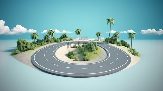 弯曲和探索旅行和度假道路广告的 3D 插图