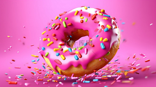 漂浮在粉红色背景上的粉红色甜甜圈的彩色喷洒爆炸有趣的 3D 渲染