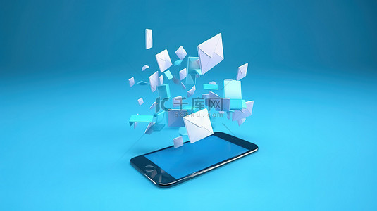 3d 手机在蓝色背景上显示悬停的电子邮件