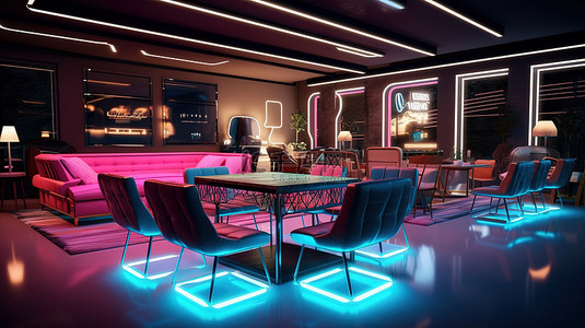 家具店的 3D 插图，配有沙发餐桌椅子和霓虹灯