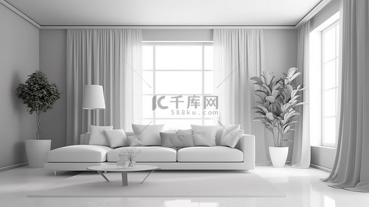 别致的客厅内部白色沙发的 3D 插图