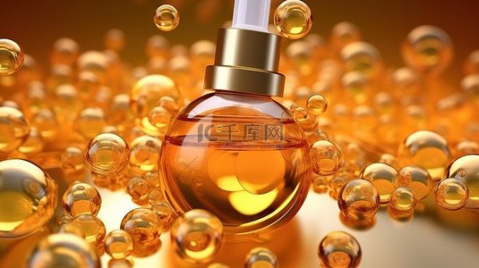 金黄色油或胶原蛋白血清的 3D 渲染与化妆品分子产生气泡