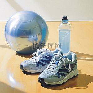 跑鞋背景图片_一双跑鞋和瓶子旁边的健身球