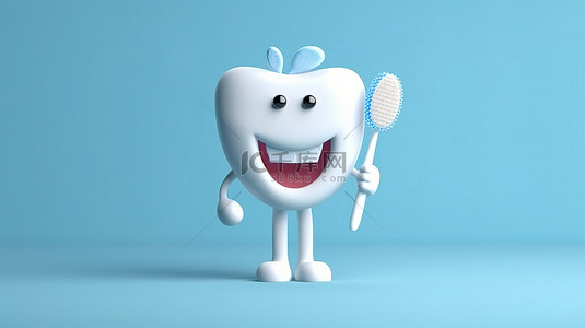 快乐的牙齿角色微笑着抓握牙科器械，促进牙科护理 3D 可视化