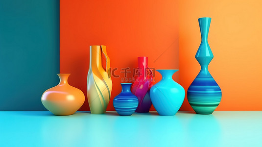 组合几何背景图片_抽象形状和花瓶 3d 渲染的彩色组合