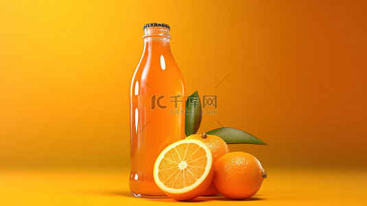清爽的橙子苏打水是果汁和碳酸化的起泡混合物，装在玻璃瓶中，在充满活力的橙色背景下呈现 3D 插图渲染
