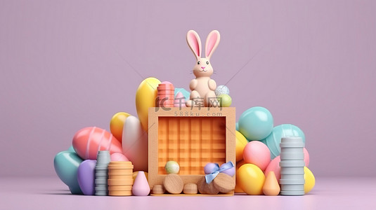 兔子耳朵和复活节彩蛋，带 3D 讲台和开放礼品盒复活节快乐横幅