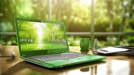 笔记本电脑场景背景图片_绿色办公室场景背景，带有笔记本电脑的 3D 插图