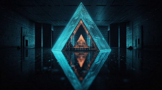 具有蓝色霓虹灯背景和 3D 渲染中水反射的抽象三角门户