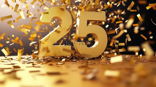 带有五彩纸屑的金色贺卡 3D 渲染中的节日 25 岁生日庆祝活动