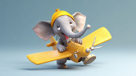 顽皮的 3D 大象，手里拿着玩具飞机
