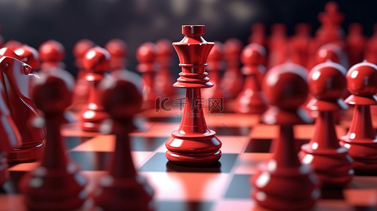 商业竞争背景图片_在竞争中获胜的占主导地位的红色棋子是 3d 呈现的领导力和成功的象征