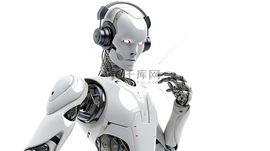 孤立的白色背景，具有 3D 渲染的机器人或带耳机和举手展示人工智能的机器人