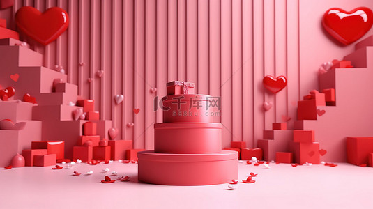 粉红爱心背景图片_爱情主题 3D 渲染，包括红色讲台粉红心和情人节礼品盒
