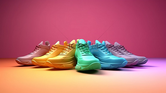 跑步背景背景图片_充满活力的鞋类 3D 渲染的彩色运动鞋散发着时尚的光环