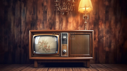 复古照片古董电视机在质朴的木桌上 3d 渲染