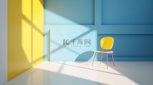 方案室内设计背景图片_浅色背景上蓝色黄色和白色配色方案的椅子和窗户概念的 3D 渲染