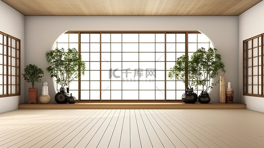 时尚的日本室内展示室，浅白色背景上的木地板 3D 渲染