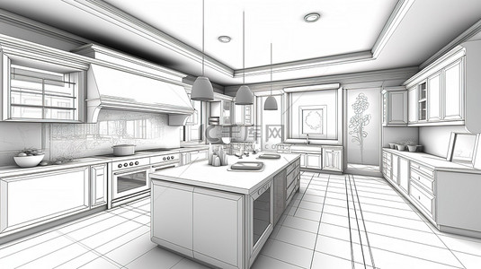 厨房墙背景图片_厨房室内设计的 3D 渲染抽象草图