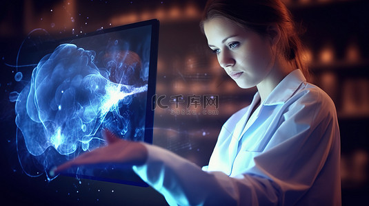 健康艺术字背景图片_一位女医生使用平板电脑的数字复合材料