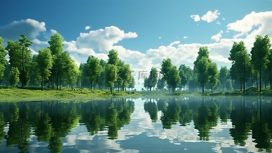 夏季背景图片_宁静的夏季背景绿树和草的 3D 渲染反映在平静的湖中