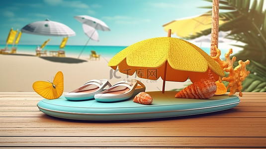 旅游广告背景图片_旅游广告岛海滩背景与冲浪板伞帽太阳镜拖鞋果汁海星和 3D 渲染中的大海