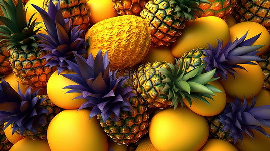 菠萝黄色背景背景图片_黄色背景上充满活力的营养菠萝水果品种，具有新鲜的热带纹理 3D 渲染