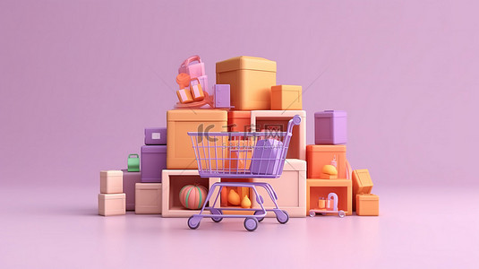 销售业绩图表背景图片_数字购物工具 3D 渲染智能手机清单篮和背景上的盒子