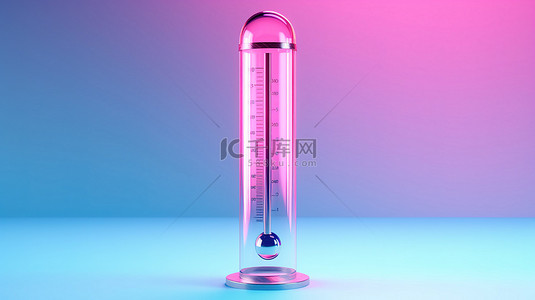 温度温暖背景图片_蓝色背景 3D 渲染中双色调风格的欢快粉色天气玻璃温度计